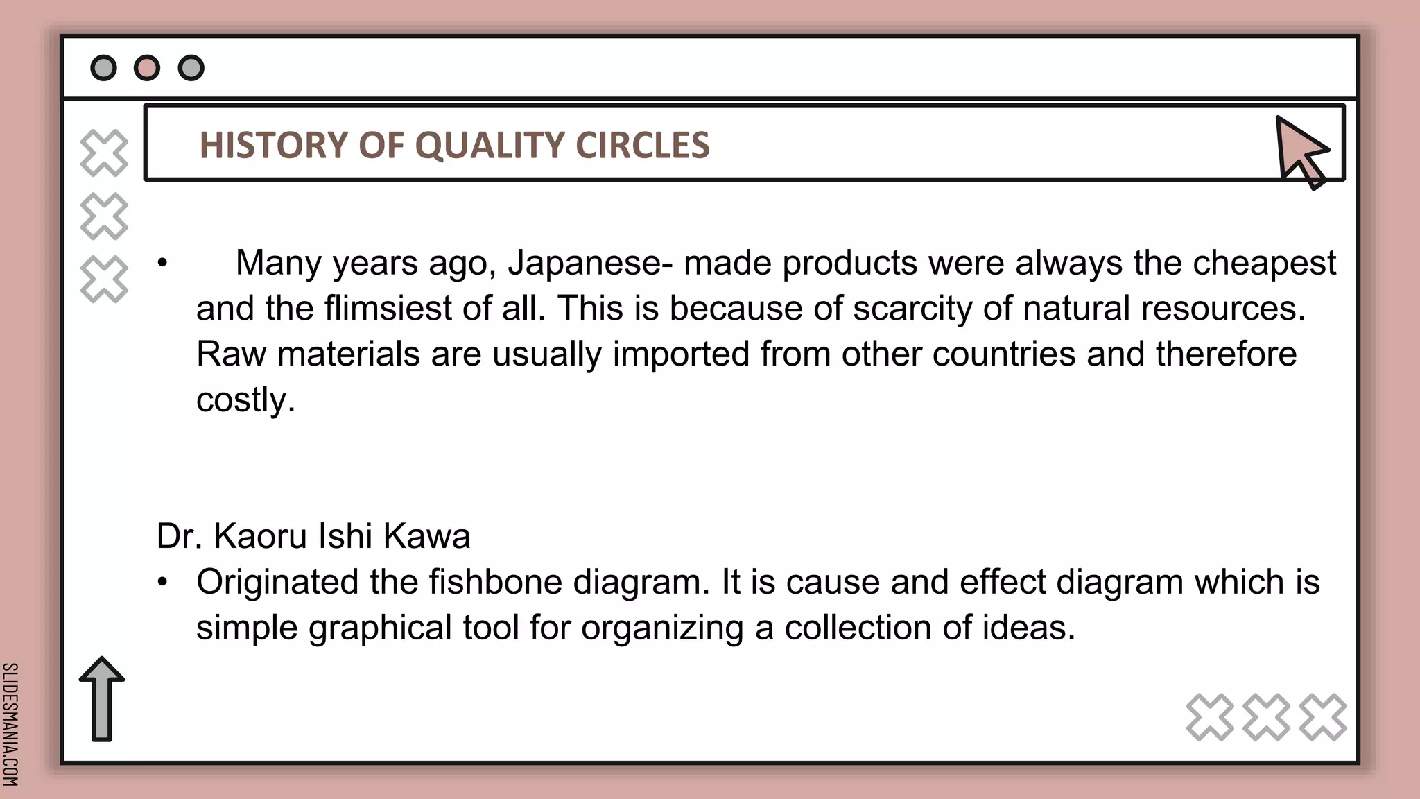 SLIDESMANIA.COM
HISTORY OF QUALITY CIRCLES
• Many years ago, Japanese- made products were always the cheapest
and the flimsiest of all. This is because of scarcity of natural resources.
Raw materials are usually imported from other countries and therefore
costly.
Dr. Kaoru Ishi Kawa
• Originated the fishbone diagram. It is cause and effect diagram which is
simple graphical tool for organizing a collection of ideas.
 
