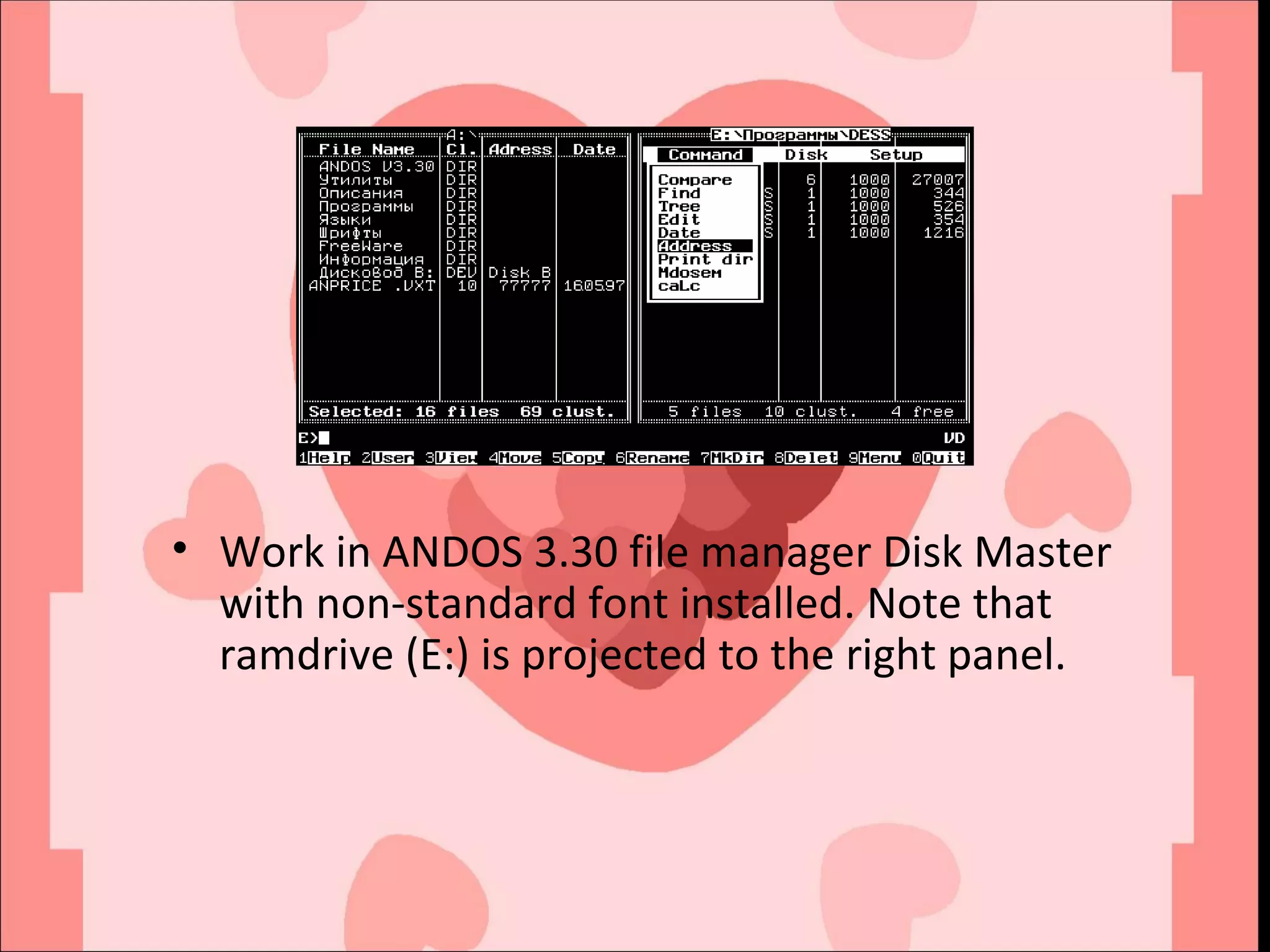 Work in ANDOS 3.30 file manager Disk Master with non-standard font installed. Note that ramdrive (E:) is projected to the right panel. 