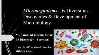 Microorganisms: Its Diversities,
Discoveries & Development of
Microbiology
Muhammad Osama Zafar
BS-Biotech (3rd – Semester)
Gulab Devi Educational Complex
(GDEC), Lahore
 