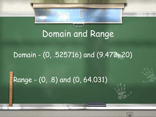Domain and Range Domain - (0, .525716) and (9.472, 20) Range - (0, .8) and (0, 64.031)