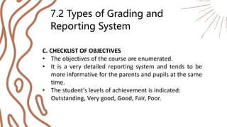 7.2 Types of Grading and
Reporting System
C. CHECKLIST OF OBJECTIVES
• The objectives of the course are enumerated.
• It is a very detailed reporting system and tends to be
more informative for the parents and pupils at the same
time.
• The student’s levels of achievement is indicated:
Outstanding, Very good, Good, Fair, Poor.
 