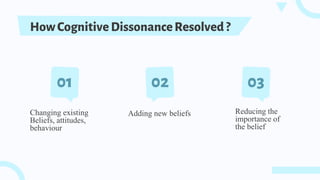 HowCognitiveDissonanceResolved?
Changing existing
Beliefs, attitudes,
behaviour
Adding new beliefs Reducing the
importance of
the belief
01 02 03
 