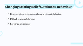 ChangingExistingBeliefs,Attitudes, Behaviour
• Dissonant elements behaviour, change or eliminate behaviour.
• Difficult to change behaviour.
• Eg. Giving up smoking
 