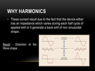 WHY HARMONICS
   • These current result due to the fact that the device either
     has an impedance which varies during each half cycle of
     applied emf or it generate a back emf of non sinusoidal
     shape.


Result - Distortion of the
Wave shape .
 