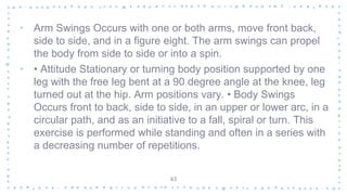 • Arm Swings Occurs with one or both arms, move front back,
side to side, and in a figure eight. The arm swings can propel
the body from side to side or into a spin.
• • Attitude Stationary or turning body position supported by one
leg with the free leg bent at a 90 degree angle at the knee, leg
turned out at the hip. Arm positions vary. • Body Swings
Occurs front to back, side to side, in an upper or lower arc, in a
circular path, and as an initiative to a fall, spiral or turn. This
exercise is performed while standing and often in a series with
a decreasing number of repetitions.
43
 