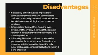 Disadvantages
LEOPARTE,
RHOSELA
It is not only difficult but also impossible to
conduct an objective review of Schumpeter's
business cycle theory because its conclusions are
founded more on sociological than economic
variables.
Schumpeter's theory differs from the over-
investment theory only in terms of the cause of
variation in investment when the economy is in
stable equilibrium.
This theory, like other business cycle theories,
ignores other factors that cause fluctuations in
economic activity. Innovation is not the only
factor that causes economic fluctuations; rather, it
is one of several.
 