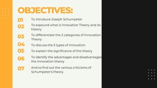 OBJECTIVES:
01
03
02
04
To introduce Joseph Schumpeter
To differentiate the 2 categories of Innovation
Theory
To discuss the 5 types of Innovation
To explain the significance of the theory
To identify the advantages and disadvantages of
the Innovation theory
And to find out the various criticisms of
Schumpeter's theory.
To expound what is Innovation Theory and its
history
05
06
07
 