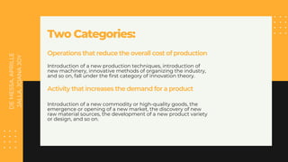 DE
MESSA,
APRILLE
JALLA,
JOANA
JOY
Two Categories:
Operations that reduce the overall cost of production
Activity that increases the demand for a product
Introduction of a new production techniques, introduction of
new machinery, innovative methods of organizing the industry,
and so on, fall under the first category of innovation theory.
Introduction of a new commodity or high-quality goods, the
emergence or opening of a new market, the discovery of new
raw material sources, the development of a new product variety
or design, and so on.
 