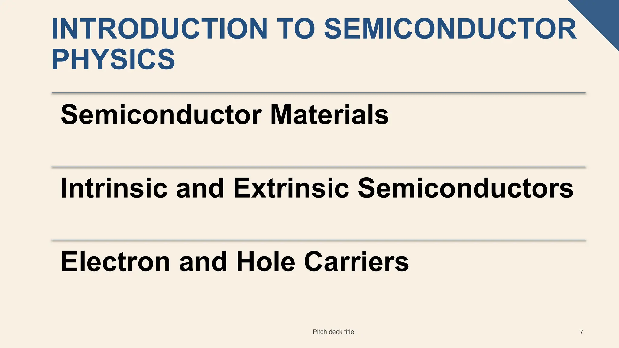 INTRODUCTION TO SEMICONDUCTOR
PHYSICS
Pitch deck title 7
Semiconductor Materials
Intrinsic and Extrinsic Semiconductors
Electron and Hole Carriers
 