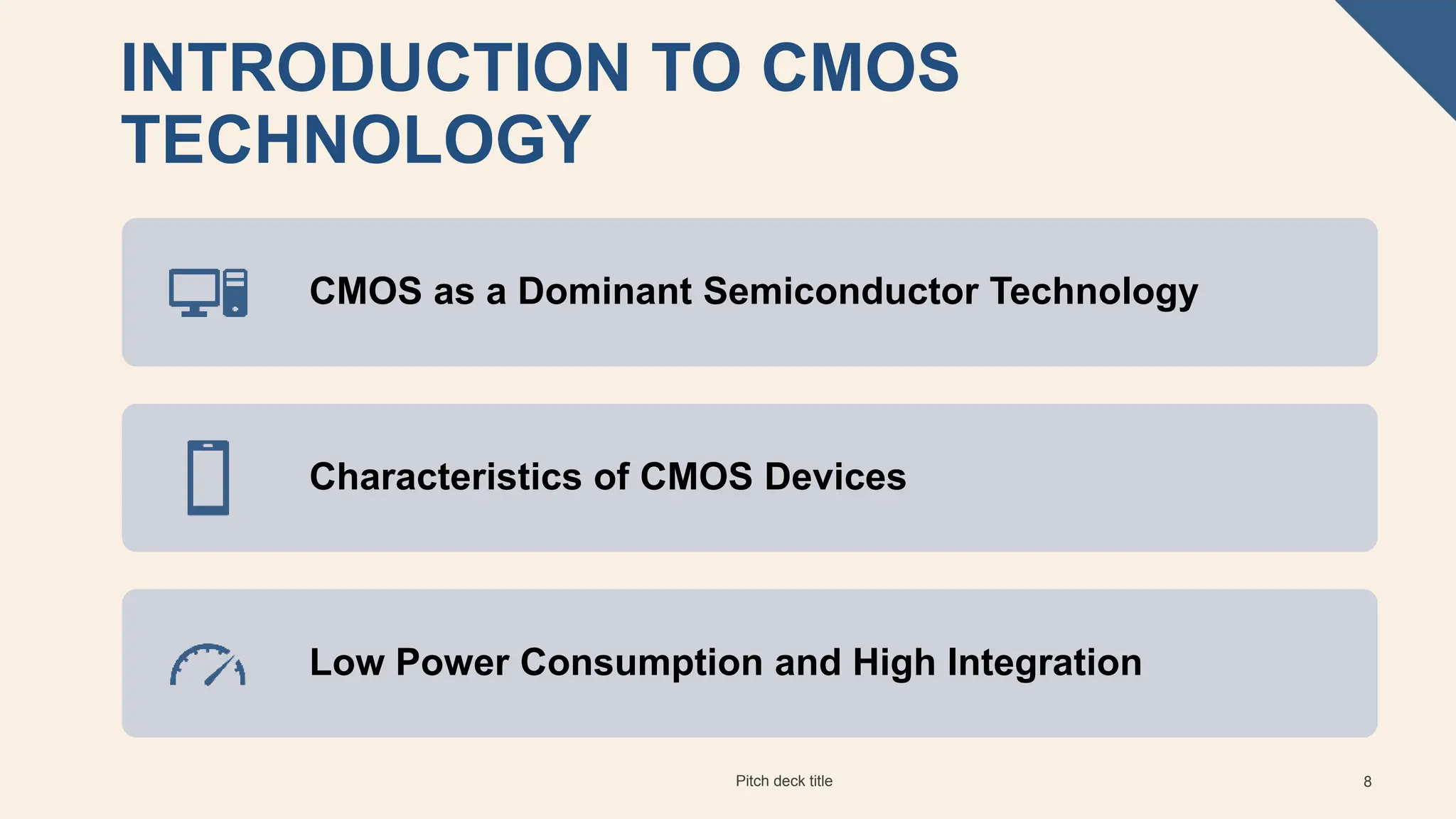 INTRODUCTION TO CMOS
TECHNOLOGY
Pitch deck title 8
CMOS as a Dominant Semiconductor Technology
Characteristics of CMOS Devices
Low Power Consumption and High Integration
 