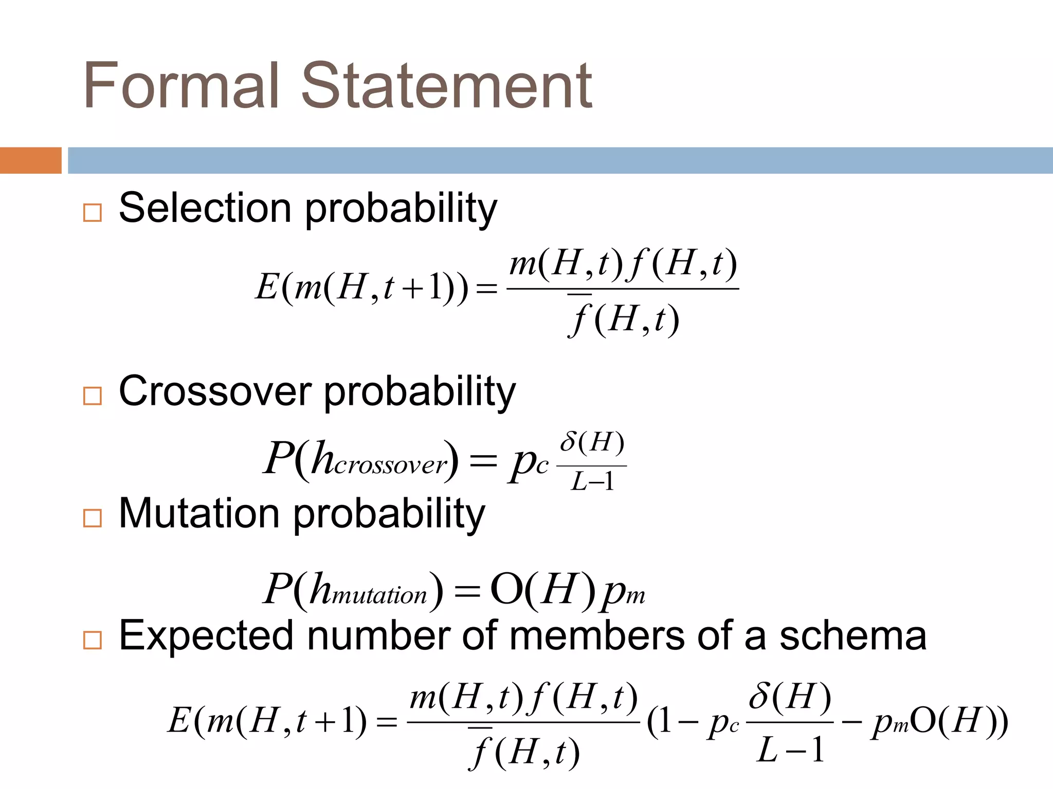 Formal Statement
 Selection probability
 Crossover probability
 Mutation probability
 Expected number of members of a schema
)
,
(
)
,
(
)
,
(
))
1
,
(
(
t
H
f
t
H
f
t
H
m
t
H
m
E 

1
)
(
)
( 
 L
H
c
crossover p
h
P 
m
mutation p
H
h
P )
(
)
( 

))
(
1
)
(
1
(
)
,
(
)
,
(
)
,
(
)
1
,
(
( H
p
L
H
p
t
H
f
t
H
f
t
H
m
t
H
m
E m
c 






 