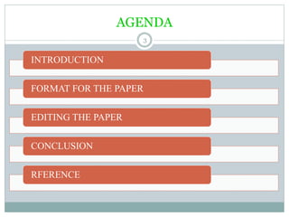 AGENDA
3
INTRODUCTION
FORMAT FOR THE PAPER
EDITING THE PAPER
CONCLUSION
RFERENCE
 