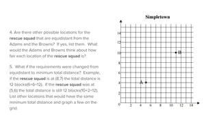 4. Are there other possible locations for the
rescue squad that are equidistant from the
Adams and the Browns? If yes, list them. What
would the Adams and Browns think about how
fair each location of the rescue squad is?
5. What if the requirements were changed from
equidistant to minimum total distance? Example,
if the rescue squad is at (8,7) the total distance is
12 blocks(6+6=12). If the rescue squad was at
(5,6) the total distance is still 12 blocks(10+2=12).
List other locations that would have the same
minimum total distance and graph a few on the
grid.
 
