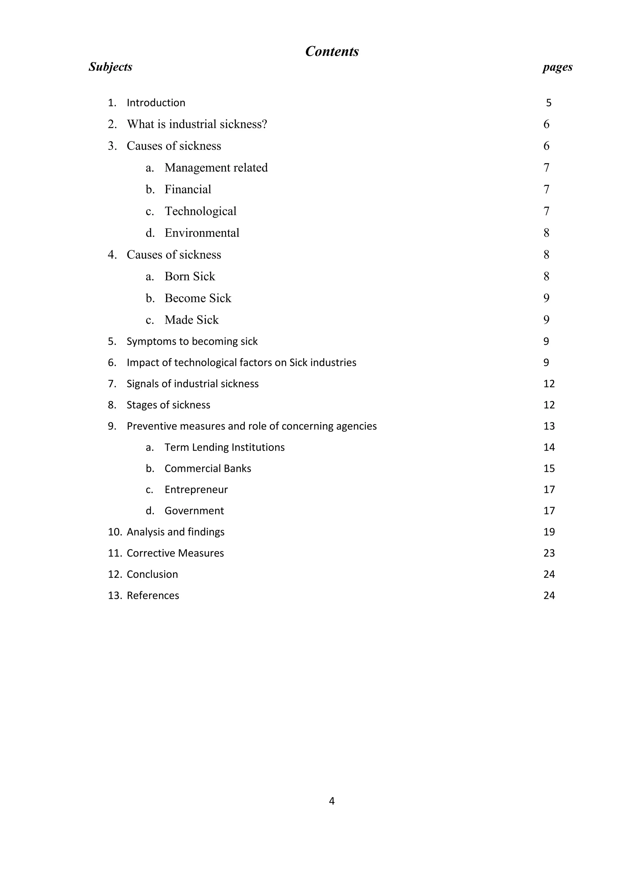 4
Contents
Subjects pages
1. Introduction 5
2. What is industrial sickness? 6
3. Causes of sickness 6
a. Management related 7
b. Financial 7
c. Technological 7
d. Environmental 8
4. Causes of sickness 8
a. Born Sick 8
b. Become Sick 9
c. Made Sick 9
5. Symptoms to becoming sick 9
6. Impact of technological factors on Sick industries 9
7. Signals of industrial sickness 12
8. Stages of sickness 12
9. Preventive measures and role of concerning agencies 13
a. Term Lending Institutions 14
b. Commercial Banks 15
c. Entrepreneur 17
d. Government 17
10. Analysis and findings 19
11. Corrective Measures 23
12. Conclusion 24
13. References 24
 