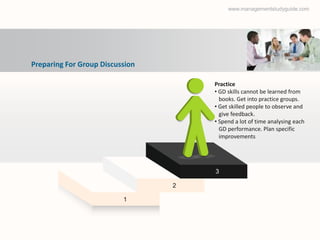 www.managementstudyguide.com




Preparing For Group Discussion

                                     Practice
                                     • GD skills cannot be learned from
                                       books. Get into practice groups.
                                     • Get skilled people to observe and
                                       give feedback.
                                     • Spend a lot of time analysing each
                                       GD performance. Plan specific
                                       improvements




                                     3

                                 2

                          1
 