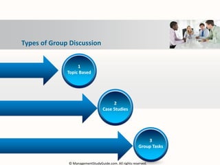 Types of Group Discussion
3
Group Tasks
1
Topic Based
2
Case Studies
© ManagementStudyGuide.com. All rights reserved.
 