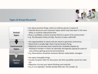 Abstract
Topics
Controversial
Topics
Factual
Topics
• Are about practical things, which an ordinary person is aware of.
• Typically these are socio-economic topics which may have been in the news
lately, or could be unbound by time.
• Gives a candidate a chance to prove that he is aware of his environment.
• E.g. The Education Policy of India, Tourism in India, LokPal Bill
• Are argumentative in nature and are meant to generate controversy.
• Noise level is usually high, there may be tempers flying.
• Objective is to see how much maturity the candidate displays by
keeping his temper in check, by rationally and logically arguing his point of
view without getting personal and emotional.
• E.g. Reservations should be removed, Women make better managers
• Are about intangible things.
• Usually not given often for discussion, but their possibility cannot be ruled
out.
• Objective is to test your lateral thinking and creativity.
• E.g. A is an alphabet, Twinkle twinkle little star, The number 10
Types of Group Discussion
 