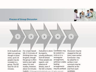 8-10 students are
taken as a group,
though in some
cases, up to 16
people may be
included in a
group. The GD
lasts for 10-15
minutes.
1 2
For a topic-based
GD, 2-3 minutes of
thinking time may
be given; though
the group is often
told to start right
away. For case
studies, however,
about 15 minutes
is given.
3 4
Candidates may
be seated in a
circle or in a
rectangular
arrangement,
with/out a table.
Seating
arrangements
may be prefixed.
5
Discussion may be
stopped at the set
time / even earlier.
Conclusion may
be asked for. A
written / oral
summary may be
asked for at the
end from each
candidate.
Process of Group Discussion
Evaluation is done
by experts,
usually professors
from B-School.
These people are
experts and
observe all
details, even if
the GD is chaotic.
© ManagementStudyGuide.com. All rights reserved.
 