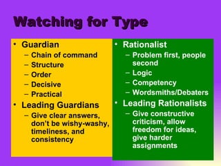 Watching for Type Guardian Chain of command Structure Order Decisive Practical Leading Guardians Give clear answers, don’t be wishy-washy, timeliness, and consistency Rationalist Problem first, people second Logic Competency Wordsmiths/Debaters Leading Rationalists Give constructive criticism, allow freedom for ideas, give harder assignments 