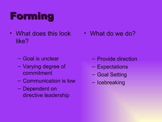 Forming What does this look like? Goal is unclear Varying degree of commitment Communication is low Dependent on directive leadership What do we do? Provide direction Expectations Goal Setting Icebreaking 