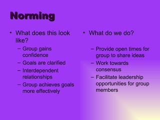 Norming What does this look like? Group gains confidence Goals are clarified Interdependent relationships Group achieves goals more effectively What do we do? Provide open times for group to share ideas Work towards consensus Facilitate leadership opportunities for group members 