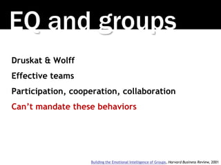 EQ and groups
Druskat & Wolff
Effective teams
Participation, cooperation, collaboration
Can’t mandate these behaviors
Buil...