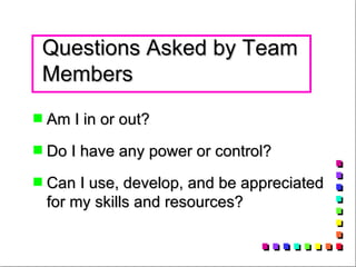 Questions Asked by Team Members  Am I in or out? Do I have any power or control? Can I use, develop, and be appreciated for my skills and resources? 