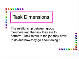 Task Dimensions  T he relationship between group members and the task they are to perform.  Task refers to the job they have to do and how they go about doing it.   