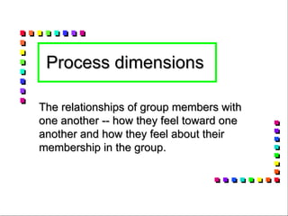 Process dimensions   The relationships of group members with one another -- how they feel toward one another and how they feel about their membership in the group.  