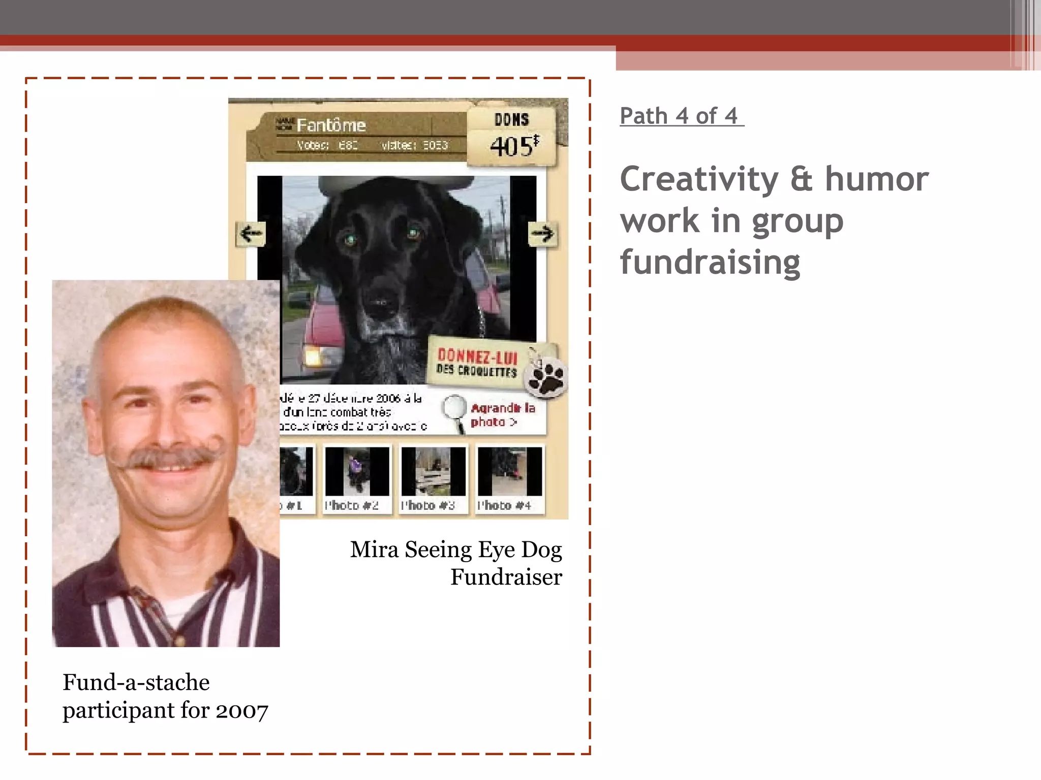 Path 4 of 4  Creativity & humor  work in group fundraising Fund-a-stache participant for 2007 Mira Seeing Eye Dog Fundraiser 