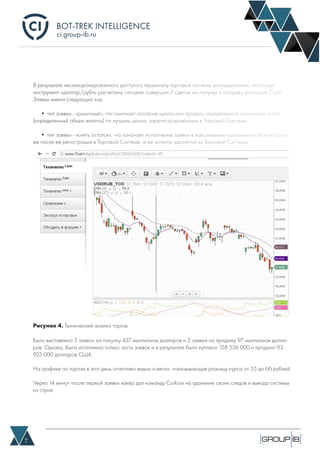 BOT-TREK INTELLIGENCE
7
ci.group-ib.ru
В результате несанкционированного доступа к терминалу торговой системы злоумышленник, используя
инструмент «доллар/рубль расчетами сегодня» совершил 7 сделок на покупку и продажу долларов США.
Заявки имели следующий вид:
• тип заявки - «рыночный», что означает согласие купить или продать определенное количество лотов
(определенный объем валюты) по лучшим ценам, зарегистрированным в Торговой Системе.
• тип заявки - «снять остаток», что означает исполнение заявки в максимально возможном объеме сразу
же после ее регистрации в Торговой Системе, а ее остаток удаляется из Торговой Системы.
Было выставлено 5 заявок на покупку 437 миллионов долларов и 2 заявки на продажу 97 миллионов долла-
ров. Однако, была исполнена только часть заявок и в результате было куплено 158 536 000 и продано 93
925 000 долларов США.
На графике по торгам в этот день отчетливо видна «свеча», показывающая разницу курса от 55 до 66 рублей.
Через 14 минут после первой заявки хакер дал команду Corkow на удаление своих следов и вывода системы
из строя.
Рисунок 4. Технический анализ торгов
 