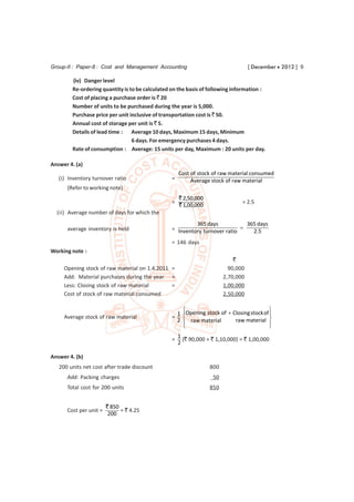 Group-II : Paper-8 : Cost and Management Accounting                                 [ December  2012 ] 9

        (iv) Danger level
        Re-ordering quantity is to be calculated on the basis of following information :
        Cost of placing a purchase order is ` 20
        Number of units to be purchased during the year is 5,000.
        Purchase price per unit inclusive of transportation cost is ` 50.
        Annual cost of storage per unit is ` 5.
        Details of lead time : Average 10 days, Maximum 15 days, Minimum
                                 6 days. For emergency purchases 4 days.
        Rate of consumption : Average: 15 units per day, Maximum : 20 units per day.

Answer 4. (a)
                                                     Cost of stock of raw material consumed
   (i) Inventory turnover ratio                  =        Average stock of raw material
      (Refer to working note)
                                                     ` 2,50,000
                                                 =                              = 2.5
                                                     ` 1,00,000
  (ii) Average number of days for which the
                                                          365 days            365 days
      average inventory is held                  = Inventory turnover ratio    2.5
                                                 = 146 days
Working note :
                                                                             `
     Opening stock of raw material on 1.4.2011 =                           90,000
     Add: Material purchases during the year =                           2,70,000
     Less: Closing stock of raw material       =                         1,00,000
     Cost of stock of raw material consumed                              2,50,000

                                                                                           
                                                     1 Opening stock of  Closing stock of 
     Average stock of raw material               =
                                                     2  raw material       raw material 
                                                       
                                                                                           
                                                                                            
                                                     1
                                                 =     {` 90,000 + ` 1,10,000} = ` 1,00,000
                                                     2

Answer 4. (b)
   200 units net cost after trade discount                        800
      Add: Packing charges                                          50
      Total cost for 200 units                                    850


                        ` 850
      Cost per unit =         = ` 4.25
                         200
 