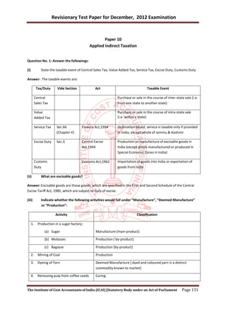 Revisionary Test Paper for December, 2012 Examination



                                                       Paper 10
                                               Applied Indirect Taxation


Question No. 1: Answer the followings:

(i)            State the taxable event of Central Sales Tax, Value Added Tax, Service Tax, Excise Duty, Customs Duty

Answer: The taxable events are:

            Tax/Duty       Vide Section           Act                                Taxable Event

           Central                                              Purchase or sale in the course of inter-state sale (i.e.
           Sales Tax                                            from one state to another state)

           Value                                                Purchase or sale in the course of intra-state sale
           Added Tax                                            (i.e. within a state)

           Service Tax     Sec.66         Finance Act,1994      destination based, service is taxable only if provided
                           (Chapter V)                          in India, except whole of Jammu & Kashmir

           Excise Duty     Sec.3          Central Excise        Production or manufacture of excisable goods in
                                          Act,1944              India (except goods manufactured or produced in
                                                                Special Economic Zones in India)

           Customs                        Customs Act,1962      Importation of goods into India or exportation of
           Duty                                                 goods from India

(ii)           What are excisable goods?

Answer: Excisable goods are those goods, which are specified in the First and Second Schedule of the Central
Excise Tariff Act, 1985, which are subject to duty of excise.

(iii)          Indicate whether the following activities would fall under “Manufacture”, “Deemed Manufacture”
               or “Production”:

                          Activity                                            Classification

      1.     Production in a sugar factory:

                 (a) Sugar                         Manufacture (main product)

                 (b) Molasses                      Production ( by-product)

                 (c) Bagasse                       Production (by-product)

      2.     Mining of Coal                        Production

      3.     Dyeing of Yarn                        Deemed Manufacture [ dyed and coloured yarn is a distinct
                                                   commodity known to market]

      4.     Removing pulp from coffee seeds       Curing


The Institute of Cost Accountants of India (ICAI) [Statutory Body under an Act of Parliament                 Page 131
 