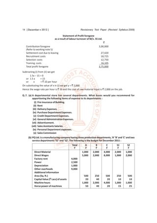 14 [ December  2012 ]                                 Revisionary Test Paper (Revised Syllabus-2008)

                                       Statement of Profit foregone
                               as a result of labour turnover of M/s. SS Ltd.
                                                                             `
   Contribution foregone                                                 3,00,000
   (Refer to working note 5)
   Settlement cost due to leaving                                          27,420
   Recruitment costs                                                       18,725
   Selection costs                                                         12,750
   Training costs                                                          16,105
   Total profit foregone                                                 3,75,000
Subtracting (i) from (ii) we get
      1.5x – 15 = 0
   or 1.5 x       = 15
   or     x       = ` 10 per hour
On substituting the value of x in (i) we get y = ` 2,000
Hence the wage rate per hour is ` 10 and the cost of raw material input is ` 2,000 on the job.

Q. 7. (a) A departmental store has several departments. What bases would you recommend for
          apportioning the following items of expense to its departments :
             (i) Fire insurance of Building.
            (ii) Rent
           (iii) Delivery Expenses.
           (iv) Purchase Department Expenses.
            (v) Credit Department Expenses.
           (vi) General Administration Expenses.
          (vii) Advertisement.
         (viii) Sales Assistants Salaries.
           (ix) Personal Department expenses.
            (x) Sales Commission
     (b) PQ Ltd. is a manufacturing company having three production departments, ‘A’ ‘B’ and ‘C’ and two
         service departments ‘S1’ and ‘S2’. The following is the budget for December 2011 :
                                               Total        A         B           C       S1      S2
                                                 `          `         `           `       `        `
           Direct Material                               1,000     2,000        4,000   2,000    1,000
           Direct Wages                                  5,000     2,000        8,000   1,000    2,000
           Factory rent                       4,000
           Power                              2,500
           Depreciation                       1,000
           Other overheads                    9,000
           Additional information
           Area (Sq. ft.)                                  500       250          500     250      500
           Capital Value (` Lacs) of assets                 20        40           20      10       10
           Machine hours                                 1,000     2,000        4,000   1,000    1,000
           Horse power of machines                          50        40           20      15       25
 