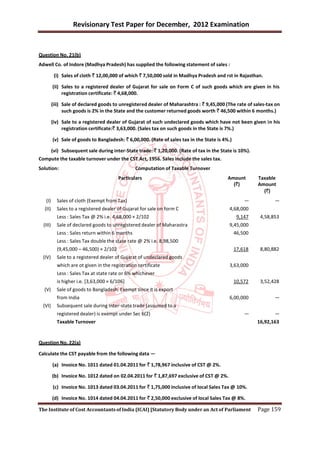 Revisionary Test Paper for December, 2012 Examination


Question No. 21(b)
Adwell Co. of Indore (Madhya Pradesh) has supplied the following statement of sales :

           (i) Sales of cloth ` 12,00,000 of which ` 7,50,000 sold in Madhya Pradesh and rst in Rajasthan.

          (ii) Sales to a registered dealer of Gujarat for sale on Form C of such goods which are given in his
               registration certificate: ` 4,68,000.

          (iii) Sale of declared goods to unregistered dealer of Maharashtra : ` 9,45,000 (The rate of sales-tax on
                such goods is 2% in the State and the customer returned goods worth ` 46,500 within 6 months.)

          (iv) Sale to a registered dealer of Gujarat of such undeclared goods which have not been given i n his
               registration certificate:` 3,63,000. (Sales tax on such goods in the State is 7%.)

          (v) Sale of goods to Bangladesh: ` 6,00,000. (Rate of sales tax in the State is 4%.)

          (vi) Subsequent sale during inter-State trade: ` 1,20,000. (Rate of tax in the State is 10%).
Compute the taxable turnover under the CST Act, 1956. Sales include the sales tax.
Solution:                                         Computation of Taxable Turnover
                                          Particulars                                       Amount        Taxable
                                                                                              (`)         Amount
                                                                                                            (`)
   (I)      Sales of cloth (Exempt from Tax)                                                         —           —
  (II)      Sales to a registered dealer of Gujarat for sale on form C                       4,68,000
            Less : Sales Tax @ 2% i.e. 4,68,000 × 2/102                                           9,147    4,58,853
  (III)     Sale of declared goods to unregistered dealer of Maharastra                      9,45,000
            Less : Sales return within 6 months                                                  46,500
            Less : Sales Tax double the state rate @ 2% i.e. 8,98,500
            (9,45,000 – 46,500) × 2/102                                                          17,618    8,80,882
  (IV)      Sale to a registered dealer of Gujarat of undeclared goods
            which are ot given in the registration certificate                               3,63,000
            Less : Sales Tax at state rate or 6% whichever
            is higher i.e. [3,63,000 × 6/106]                                                    10,572    3,52,428
  (V)       Sale of goods to Bangladesh. Exempt since it is export
            from India                                                                       6,00,000            —
  (VI)      Subsequent sale during Inter-state trade (assumed to a
            registered dealer) is exempt under Sec 6(2)                                              —           —
            Taxable Turnover                                                                              16,92,163


Question No. 22(a)

Calculate the CST payable from the following data —

          (a) Invoice No. 1011 dated 01.04.2011 for ` 1,78,967 inclusive of CST @ 2%.

          (b) Invoice No. 1012 dated on 02.04.2011 for ` 1,87,697 exclusive of CST @ 2%.

          (c) Invoice No. 1013 dated 03.04.2011 for ` 1,75,000 inclusive of local Sales Tax @ 10%.



                                                                                                          Page 159
          (d) Invoice No. 1014 dated 04.04.2011 for ` 2,50,000 exclusive of local Sales Tax @ 8%.

The Institute of Cost Accountants of India (ICAI) [Statutory Body under an Act of Parliament
 