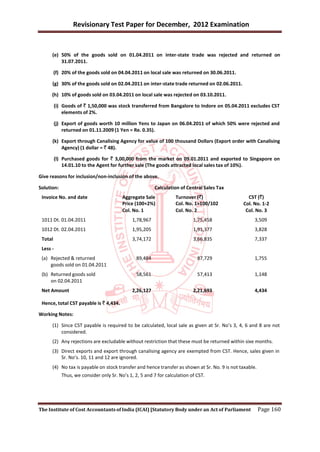 Revisionary Test Paper for December, 2012 Examination


      (e) 50% of the goods sold on 01.04.2011 on inter-state trade was rejected and returned on
          31.07.2011.

         (f) 20% of the goods sold on 04.04.2011 on local sale was returned on 30.06.2011.

      (g) 30% of the goods sold on 02.04.2011 on inter-state trade returned on 02.06.2011.

      (h) 10% of goods sold on 03.04.2011 on local sale was rejected on 03.10.2011.

          (i) Goods of ` 1,50,000 was stock transferred from Bangalore to Indore on 05.04.2011 excludes CST
              elements of 2%.

          (j) Export of goods worth 10 million Yens to Japan on 06.04.2011 of which 50% were rejected and
              returned on 01.11.2009 (1 Yen = Re. 0.35).

      (k) Export through Canalising Agency for value of 100 thousand Dollars (Export order with Canalising
          Agency) (1 dollar = ` 48).

          (l) Purchased goods for ` 3,00,000 from the market on 09.01.2011 and exported to Singapore on
              14.01.10 to the Agent for further sale (The goods attracted local sales tax of 10%).

Give reasons for inclusion/non-inclusion of the above.

Solution:                                                 Calculation of Central Sales Tax
 Invoice No. and date                     Aggregate Sale            Turnover (`)                 CST (`)
                                          Price (100+2%)            Col. No. 1×100/102         Col. No. 1-2
                                          Col. No. 1                Col. No. 2                  Col. No. 3
 1011 Dt. 01.04.2011                           1,78,967                     1,75,458                 3,509
 1012 Dt. 02.04.2011                           1,95,205                     1,91,377                 3,828
 Total                                         3,74,172                     3,66,835                 7,337
 Less -
 (a) Rejected & returned                         89,484                       87,729                 1,755
     goods sold on 01.04.2011
 (b) Returned goods sold                         58,561                       57,413                 1,148
     on 02.04.2011
 Net Amount                                    2,26,127                     2,21,693                 4,434

 Hence, total CST payable is ` 4,434.

Working Notes:

      (1) Since CST payable is required to be calculated, local sale as given at Sr. No’s 3, 4, 6 and 8 are not
          considered.
      (2) Any rejections are excludable without restriction that these must be returned within sixe months.
      (3) Direct exports and export through canalising agency are exempted from CST. Hence, sales given in
          Sr. No’s. 10, 11 and 12 are ignored.
      (4) No tax is payable on stock transfer and hence transfer as shown at Sr. No. 9 is not taxable.
             Thus, we consider only Sr. No’s 1, 2, 5 and 7 for calculation of CST.




The Institute of Cost Accountants of India (ICAI) [Statutory Body under an Act of Parliament             Page 160
 