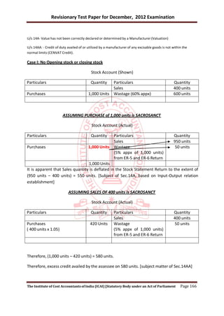 Revisionary Test Paper for December, 2012 Examination


U/s 14A- Value has not been correctly declared or determined by a Manufacturer (Valuation)

U/s 14AA: - Credit of duty availed of or utilized by a manufacturer of any excisable goods is not within the
normal limits (CENVAT Credit).

Case I: No Opening stock or closing stock

                                           Stock Account (Shown)

Particulars                                Quantity       Particulars                             Quantity
                                                          Sales                                   400 units
Purchases                                1,000 Units      Wastage (60% appx)                      600 units



                        ASSUMING PURCHASE of 1,000 units is SACROSANCT

                                           Stock Account (Actual)

Particulars                                Quantity
                                                 Particulars                    Quantity
                                                 Sales                          950 units
Purchases                         1,000 Units Wastage                            50 units
                                                 (5% appx of 1,000 units)
                                                 from ER-5 and ER-6 Return
                                  1,000 Units
It is apparent that Sales quantity is deflated in the Stock Statement Return to the extent of
(950 units – 400 units) = 550 units. [Subject of Sec.14A, based on Input-Output relation
establishment]

                           ASSUMING SALES OF 400 units is SACROSANCT

                                           Stock Account (Actual)

Particulars                                Quantity       Particulars                             Quantity
                                                          Sales                                   400 units
Purchases                                 420 Units       Wastage                                 50 units
( 400 units x 1.05)                                       (5% appx of 1,000 units)
                                                          from ER-5 and ER-6 Return



Therefore, (1,000 units – 420 units) = 580 units.

Therefore, excess credit availed by the assessee on 580 units. [subject matter of Sec.14AA]



The Institute of Cost Accountants of India (ICAI) [Statutory Body under an Act of Parliament           Page 166
 
