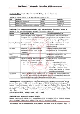 Revisionary Test Paper for December, 2012 Examination


Question No. 28(a): State the different forms of Bill of Entry used under Customs law.

Answer: The different forms of Bill of Entry used under Customs law are:
Form       Purpose                                        Colour                       Reference
I          For Home Consumption                           White                        B/E (General)
II         For Warehousing                                Yellow                       Into Bond B/E
III        For Home Consumption from Warehouse            Green                        Ex-Bond B/E

Question No.28 (b): State the difference between Transit and Transshipment goods under Customs Law.
Answer: The basis of difference between Transit and Transshipment of goods are:
Purpose              Transit Goods ( Sec.53)                         Transshipment Goods (Sec.54)
Purpose              Goods intended for transit in the same          Goods unloaded at a Customs station for
                     conveyance (i) to any place outside India (ii) transshipment, i.e. for loading into another
                     to any other customs station                    vessel for carrying it to any place outside
                                                                     India or to any other Customs Station
Unloading/loading Goods remain in same vessel. They are not          Goods are first unloaded into the Customs
                     unloaded in customs area                        area, and reloaded into another
                                                                     vessel/conveyance
Document             Such goods are mentioned in import              Such goods are mentioned in Import
                     manifest/report, as for transit in same         Manifest/Report, as for transshipment
                     conveyance
Bill of              Not applicable                                  Such goods are also mentioned in a
Transshipment                                                        separate Bill of Transshipment
Permission           Transit of goods may be permitted without       It may be permitted without duty, if
                     payment of duty, if the destination is –        destination is-
                          (a)    Any place outside India, or         (a)         Any place outside India,
                          (b)    Any other customs station           (b)         Any major port, airport at
                                                                          Mumbai, Kolkata, Delhi or Chennai,
                                                                          other notified port/airport, other
                                                                          customs station, if goods are bonafide
                                                                          intended for transshipment
Duty liability       On arrival at the destination customs station, such goods shall be liable to duty and shall
                     be entered in same manner as goods entered on first importation. Hence, the destination
                     port/station is deemed as the actual port/station of importation

Question No.29 (a): After visiting USA, Mr. and M` B brought to India a laptop computer valued at `85,000,
personal effects valued `1,00,000 and a personal computer for `55,000. What is the customs duty payable?
Answer: Personal effects and one laptop are exempted from levy of duty. The General Free Allowance (GFA)
for the passenger’s of age of 10 years or more and returning after a stay abroad for more than 3 days is
`25,000 [ As per Rule 3 of Baggage Rules, 1998]. Rate of duty applicable for Baggage = 100% + EC @2% + SHEC
@1% = 103%
Duty Payable = ` (55,000 – 25,000) = `30,000 x 103% = `30,900.

Question No. 29(b): What is Unaccompanied Baggage?
Answer: Unaccompanied baggage refers to baggage that is not accompanied with the passenger. Baggage


                                                                                                     Page 171
rules, 1998 apply to Unaccompanied Baggage, except where it is specifically excluded.

The Institute of Cost Accountants of India (ICAI) [Statutory Body under an Act of Parliament
 