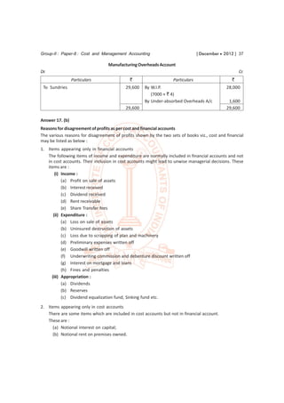 Group-II : Paper-8 : Cost and Management Accounting                              [ December  2012 ] 37

                                  Manufacturing Overheads Account
Dr.                                                                                                  Cr.
                 Particulars                 `                     Particulars                   `
 To Sundries                               29,600   By W.I.P.                                  28,000
                                                       (7000 × ` 4)
                                                    By Under-absorbed Overheads A/c             1,600
                                           29,600                                              29,600

Answer 17. (b)
Reasons for disagreement of profits as per cost and financial accounts
The various reasons for disagreement of profits shown by the two sets of books viz., cost and financial
may be listed as below :
1. Items appearing only in financial accounts
   The following items of income and expenditure are normally included in financial accounts and not
   in cost accounts. Their inclusion in cost accounts might lead to unwise managerial decisions. These
   items are :
       (i) Income :
           (a) Profit on sale of assets
           (b) Interest received
           (c) Dividend received
           (d) Rent receivable
           (e) Share Transfer fees
      (ii) Expenditure :
           (a) Loss on sale of assets
           (b) Uninsured destruction of assets
           (c) Loss due to scrapping of plan and machinery
           (d) Preliminary expenses written off
           (e) Goodwill written off
           (f) Underwriting commission and debenture discount written off
           (g) Interest on mortgage and loans
           (h) Fines and penalties
     (iii) Appropriation :
           (a) Dividends
           (b) Reserves
           (c) Dividend equalization fund, Sinking fund etc.
2. Items appearing only in cost accounts
   There are some items which are included in cost accounts but not in financial account.
   These are :
      (a) Notional interest on capital;
      (b) Notional rent on premises owned.
 