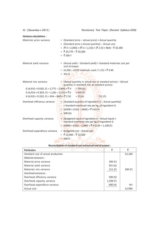 42 [ December  2012 ]                                  Revisionary Test Paper (Revised Syllabus-2008)

Variance calculations :
Materials price variance           =   (Standard price – Actual price) × Actual quantity
                                   =   (Standard price x Actual quantity) – Actual cost
                                   =   (` 4 × 2,840) + (` 6 × 1,210) + (` 2.50 × 860) – ` 20,380
                                   =   ` 20,770 – ` 20,380
                                   =   ` 390 F

Material yield variance            = (Actual yield – Standard yield) × Standard materials cost per
                                     unit of output
                                   = (4,200 – 4,910 materials used / 1.15) × ` 4.90
                                   = 341 A

Material mix variance              = (Actual quantity in actual mix at standard prices) – (Actual
                                     quantity in standard mix at standard prices)
  G (4,910 × 0.65/1.15 = 2,775 – 2,840) × ` 4   = 260 (A)
  D (4,910 × 0.30/1.15 = 1,281 – 1210) × ` 6    = 426 (F)
  X (4,910 × 0.20/1.15 = 854 – 860) × ` 2.50    = 15 (A)             151 (F)
Overhead efficiency variance       = (Standard quantity of ingredient G – Actual quantity)
                                     × Standard overhead rate per kg. of ingredient G
                                   = [(4200 × 0.65) – 2840] × ` 4.6154
                                   = 508 (A)

Overhead capacity variance         = (Budgeted input of ingredient G – Actual input) ×
                                     standard overhead rate per kg of ingredient G
                                   = [(4000 × 0.65) – 2,840] × ` 4.6154 = 1,108 (F)
Overhead expenditure variance      = Budgeted cost – Actual cost
                                   = ` 12,000 – ` 12,600
                                   = 600 A

                        Reconciliation of standard cost and actual cost of output :
 Particulars                                                                          `              `
 Standard cost of actual production                                                                33,180
 Material variances :
 Material price variance                                                          390 (F)
 Material yield variance                                                          341 (A)
 Materials mix variance                                                           151 (F)          200 (F)
 Overhead variances :
 Overhead efficiency variance                                                     508 (A)
 Overhead capacity variance                                                     1,108 (F)
 Overhead expenditure variance                                                    600 (A)              Nil
 Actual cost                                                                                       32,980
 