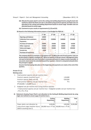 Group-II : Paper-8 : Cost and Management Accounting                                 [ December  2012 ] 55

         (iii) Allocate the power plant’s cost to the cutting and welding departments using the dual-rate
               method in which the fixed-cost rate is calculated using practical capacity, but fixed costs are
               allocated to the cutting and welding department based on actual usage. Variable costs are
               allocated based on actual usage.
         (iv) Comment on your results in requirements (i), (ii) and (iii).

      (b) Based on the following information prepare a Cash Budget for PQR Ltd. :                    `
                                               1st Qtr         2nd Qtr          3rd Qtr          4th Qtr
          Opening cash balance                 10000                –               –                –
          Collection from customers           125000           150000          160000           221000
          Payments :
          Purchase of materials                 20000           35000            35000           54200
          Other expenses                        25000           20000            20000           17000
          Salary and wages                      90000           95000            95000          109200
          Income tax                             5000               –                –               –
          Purchase of machinery                     –               –                –           20000
         The company desires to maintain a cash balance of ` 15,000 at the end of each quarter. Cash can
         be borrowed or repaid in multiples of ` 500 at an interest of 10% per annum. Management does
         not want to borrow cash more than what is necessary and wants to repay as early as possible. In
         any event, loans cannot be extended beyond four quarters. Interest is computed and paid when
         the principal is repaid.
         Assume that borrowing take place at the beginning and payments are made at the end of the
         quarters.

Answer 25. (a)
Working notes :
 1. Fixed practical capacity cost per machine hour:
      Practical capacity (machine hours)                                             1,50,000
      Practical capacity fixed costs (`)                                             9,00,000
      Fixed practical capacity cost per machine hour                                       `6
      (` 9,00,000 / 1,50,000 hours)
 2.   Budgeted rate per machine hour (using practical capacity):
      = Fixed practical capacity cost per machine hour + Budgeted variable cost per machine hour
      = ` 6 + ` 4 = ` 10
 (i) Statement showing Power Plant’s cost allocation to the Cutting & Welding departments by using
     single rate method on actual usage of machine hours.
                                                            Cutting              Welding       Total
                                                        Department            Department
                                                                   `                     `        `
      Power plants cost allocation by                      6,00,000              4,00,000 10,00,000
      using actual usage (machine hours)       (60,000 hours × ` 10) (40,000 hours × ` 10)
      (Refer to working note 2)
 