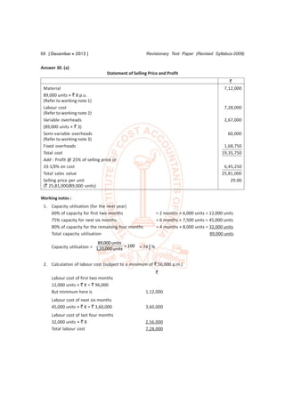 68 [ December  2012 ]                                Revisionary Test Paper (Revised Syllabus-2008)


Answer 30. (a)
                                  Statement of Selling Price and Profit
                                                                                                 `
 Material                                                                                     7,12,000
 89,000 units × ` 8 p.u.
 (Refer to working note 1)
 Labour cost                                                                                  7,28,000
 (Refer to working note 2)
 Variable overheads                                                                           2,67,000
 (89,000 units × ` 3)
 Semi-variable overheads                                                                        60,000
 (Refer to working note 3)
 Fixed overheads                                                                              1,68,750
 Total cost                                                                                  19,35,750
 Add : Profit @ 25% of selling price or
 33-1/3% on cost                                                                              6,45,250
 Total sales value                                                                           25,81,000
 Selling price per unit                                                                          29.00
 (` 25,81,000/89,000 units)

Working notes :
 1. Capacity utilisation (for the next year)
    60% of capacity for first two months                    = 2 months × 6,000 units = 12,000 units
    75% capacity for next six months                        = 6 months × 7,500 units = 45,000 units
    80% of capacity for the remaining four months           = 4 months × 8,000 units = 32,000 units
    Total capacity utilisation                                                         89,000 units
                             89,000 units
     Capacity utilisation = 1,20,000 units  100 = 74 1 %
                                                      6



 2. Calculation of labour cost (subject to a minimum of ` 56,000 p.m.)
                                                            `
     Labour cost of first two months
     12,000 units × ` 8 = ` 96,000
     But minimum here is                              1,12,000
     Labour cost of next six months
     45,000 units × ` 8 = ` 3,60,000                  3,60,000
     Labour cost of last four months
     32,000 units × ` 8                               2,56,000
     Total labour cost                                7,28,000
 