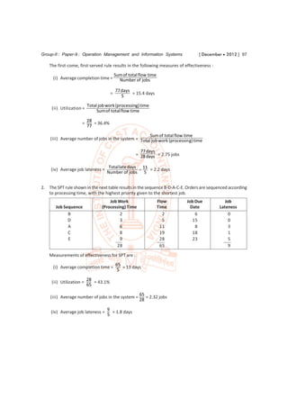 Group-II : Paper-9 : Operation Management and Information Systems                  [ December  2012 ] 97

    The first-come, first-served rule results in the following measures of effectiveness :
                                           Sum of total flow time
      (i) Average completion time =          Number of jobs

                                           77 days
                                       =           = 15.4 days
                                              5
                          Total job work (processing) time
     (ii) Utilization =
                               Sum of total flow time
                          28
                      =      = 36.4%
                          77
                                                      Sum of total flow time
    (iii) Average number of jobs in the system = Total job work (processin g) time

                                                        77 days
                                                      = 28 days = 2.75 jobs

                                     Total late days 11
     (iv) Average job lateness =                       = 2.2 days
                                    Number of jobs 5


2. The SPT rule shown in the next table results in the sequence B-D-A-C-E. Orders are sequenced according
   to processing time, with the highest priority given to the shortest job.
                                     Job Work                       Flow      Job Due           Job
       Job Sequence              (Processing) Time                  Time        Date         Lateness
             B                            2                            2          6               0
             D                            3                            5         15               0
             A                            6                          11           8               3
             C                            8                          19          18               1
             E                            9                          28          23               5
                                        28                           65                           9
    Measurements of effectiveness for SPT are :
                                           65
      (i) Average completion time =           = 13 days
                                            5

                          28
     (ii) Utilization =      = 43.1%
                          65

                                                        65
    (iii) Average number of jobs in the system =           = 2.32 jobs
                                                        28
                                    9
     (iv) Average job lateness =      = 1.8 days
                                    5
 