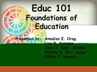 Educ 101
Foundations of
Education
Presented by: Annaliza E. Orag
Liza R. Sarsona
Jeza S. Galo- Alindao
Christy A. Eco- Siega
Editha C. Napulis
 