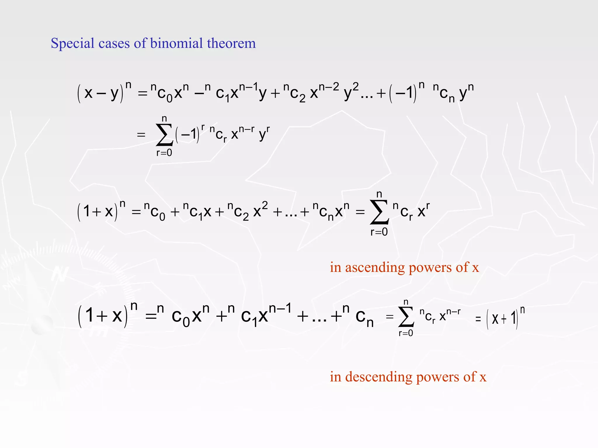 Special cases of binomial theorem
( ) ( )n nn n n n–1 n n–2 2 n n
0 1 2 nx – y c x – c x y c x y ... –1 c y= + +
( )
n
r n n–r r
r
r 0
–1 c x y
=
= ∑
( )
n
n n n n 2 n n n r
0 1 2 n r
r 0
1 x c c x c x ... c x c x
=
+ = + + + + = ∑
in ascending powers of x
( )n n n n n–1 n
0 1 n1 x c x c x ... c+ = + + +
n
n n–r
r
r 0
c x
=
= ∑ ( )n
x 1= +
in descending powers of x
 