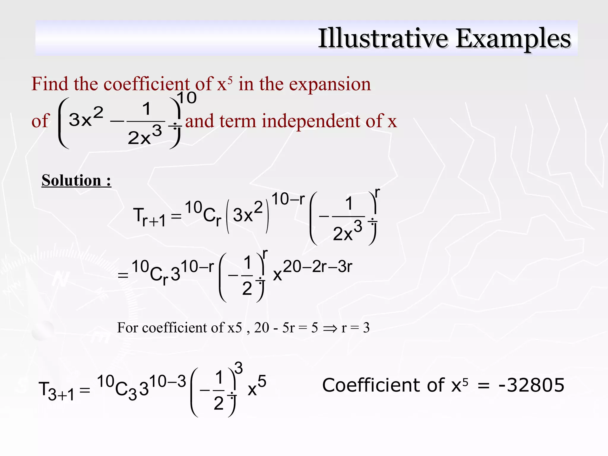 Find the coefficient of x5
in the expansion
of and term independent of x
10
2
3
1
3x
2x
 
− ÷
 
Solution :
( )
r10 r
10 2
r 1 r 3
1
T C 3x
2x
−
+
 
= − ÷
 
r
10 10 r 20 2r 3r
r
1
C 3 x
2
− − − 
= − ÷
 
For coefficient of x5 , 20 - 5r = 5 ⇒ r = 3
3
10 10 3 5
3 1 3
1
T C 3 x
2
−
+
 
= − ÷
 
Coefficient of x5
= -32805
Illustrative ExamplesIllustrative Examples
 