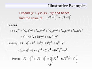 Solution :
Expand (x + y)4
+(x - y)4
and hence
find the value of ( ) ( )
4 4
2 1 2 1+ + −
( )4 4 4 0 4 3 1 4 2 2 4 1 3 4 0 4
0 1 2 3 4x y C x y C x y C x y C x y C x y+ = + + + +
4 3 2 2 3 4
x 4x y 6x y 4xy y= + + + +
Similarly ( )4 4 3 2 2 3 4
x y x 4x y 6x y 4xy y− = − + − +
( ) ( ) ( )4 4 4 2 2 4x y x y 2 x 6x y y∴ + + − = + +
( ) ( )
4 4 4 2 2 4Hence 2 1 2 1 2 2 6 2 1 1
 
+ + − = + + ÷
 
=34
Illustrative ExamplesIllustrative Examples
 