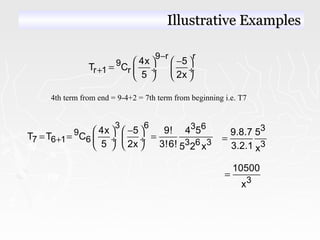 9 r r
9
r 1 r
4x 5
T C
5 2x
−
+
−   
=  ÷  ÷
   
4th term from end = 9-4+2 = 7th term from beginning i.e. T7
3 6 3 6
9
7 6 1 6 3 6 3
4x 5 9! 4 5
T T C
5 2x 3!6! 5 2 x
+
−   
= = = ÷  ÷
   
3
3
9.8.7 5
3.2.1 x
=
3
10500
x
=
Illustrative ExamplesIllustrative Examples
 