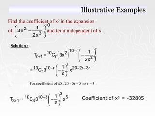 Find the coefficient of x5
in the expansion
of and term independent of x
10
2
3
1
3x
2x
 
− ÷
 
Solution :
( )
r10 r
10 2
r 1 r 3
1
T C 3x
2x
−
+
 
= − ÷
 
r
10 10 r 20 2r 3r
r
1
C 3 x
2
− − − 
= − ÷
 
For coefficient of x5 , 20 - 5r = 5 ⇒ r = 3
3
10 10 3 5
3 1 3
1
T C 3 x
2
−
+
 
= − ÷
 
Coefficient of x5
= -32805
Illustrative ExamplesIllustrative Examples
 