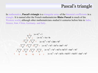 In mathematics, Pascal's triangle is a triangular array of the binomial coefficients in a
triangle. It is named after the French mathematician Blaise Pascal in much of the
Western world, although other mathematicians studied it centuries before him in India,
Greece, Iran, China, Germany, and Italy.
Pascal’s trianglePascal’s triangle
3
4
5
6
10
1
1
1
1
1
1
1
2
3
4
10 5
1 1
1 1
( )0
a b 1+ =
( )1
a b 1a 1b+ = +
( )2 2 2
a b 1a 2ab 1b+ = + +
( )3 3 2 2 3
a b 1a 3a b 3ab 1b+ = + + +
( )4 4 3 2 2 3 4
a b 1a 4a b 6a b 4ab 1b+ = + + + +
( )5 5 4 3 2 2 3 4 5
a b 1a 5a b 10a b 10a b 5ab 1b+ = + + + + +
 
